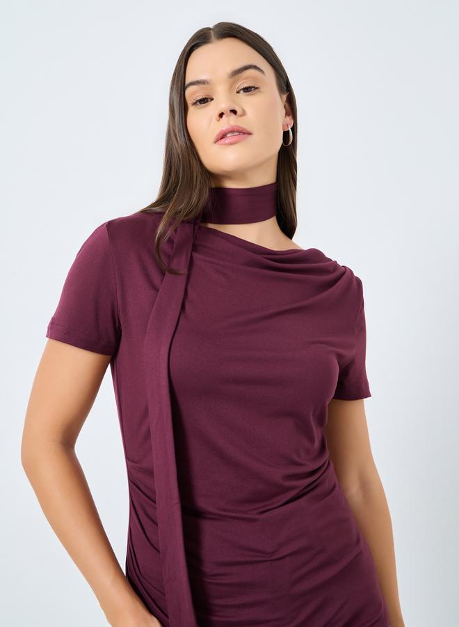 Styli Burgundy Knit Top with Tie Neck Detail - Image 1