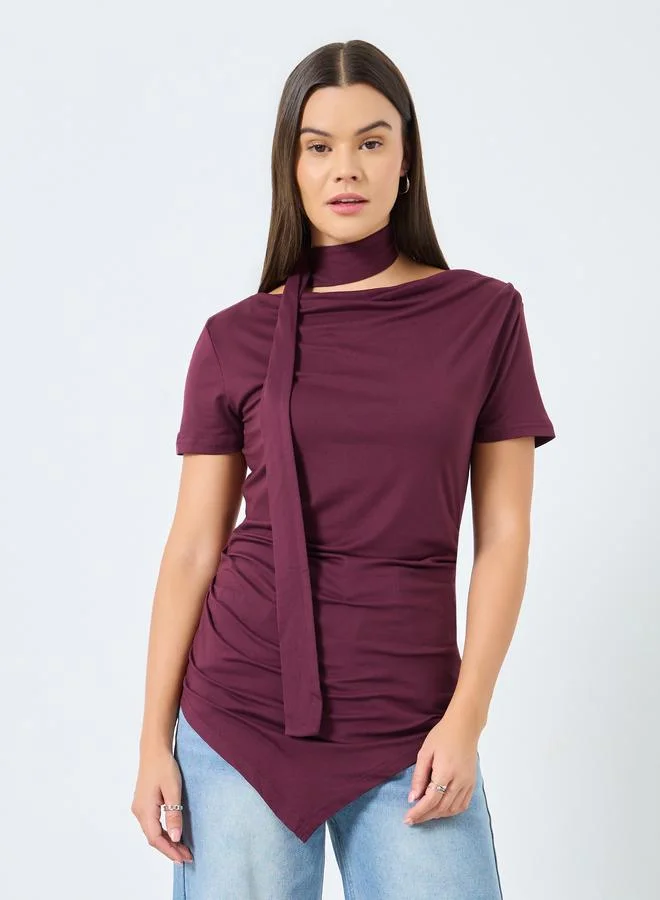 Styli Styli Burgundy Knit Top with Tie Neck Detail