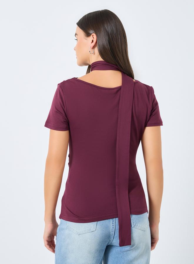 Styli Burgundy Knit Top with Tie Neck Detail - Image 4
