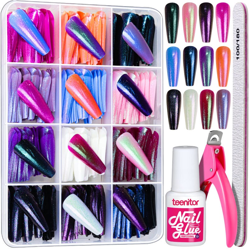 Teenitor Long Press On Nails Chrome Press On Nails 288pcs Long Coffin Ballerina False Nails 12 Colors Full Cover Glue On Nails Holographic Metallic Mirror