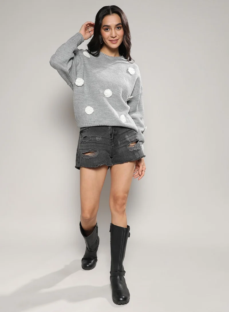 Campus Sutra Women's Moon Grey Flower Knit Sweater