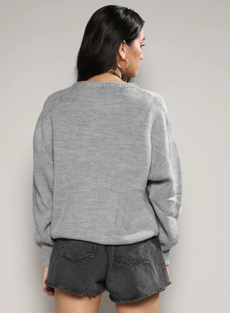 Campus Sutra Women's Moon Grey Flower Knit Sweater