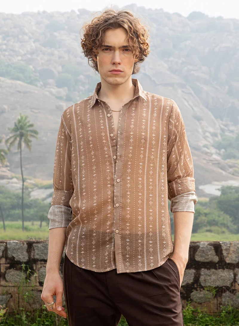 Campus Sutra Men's Camel Brown Ethnic Imprint Shirt