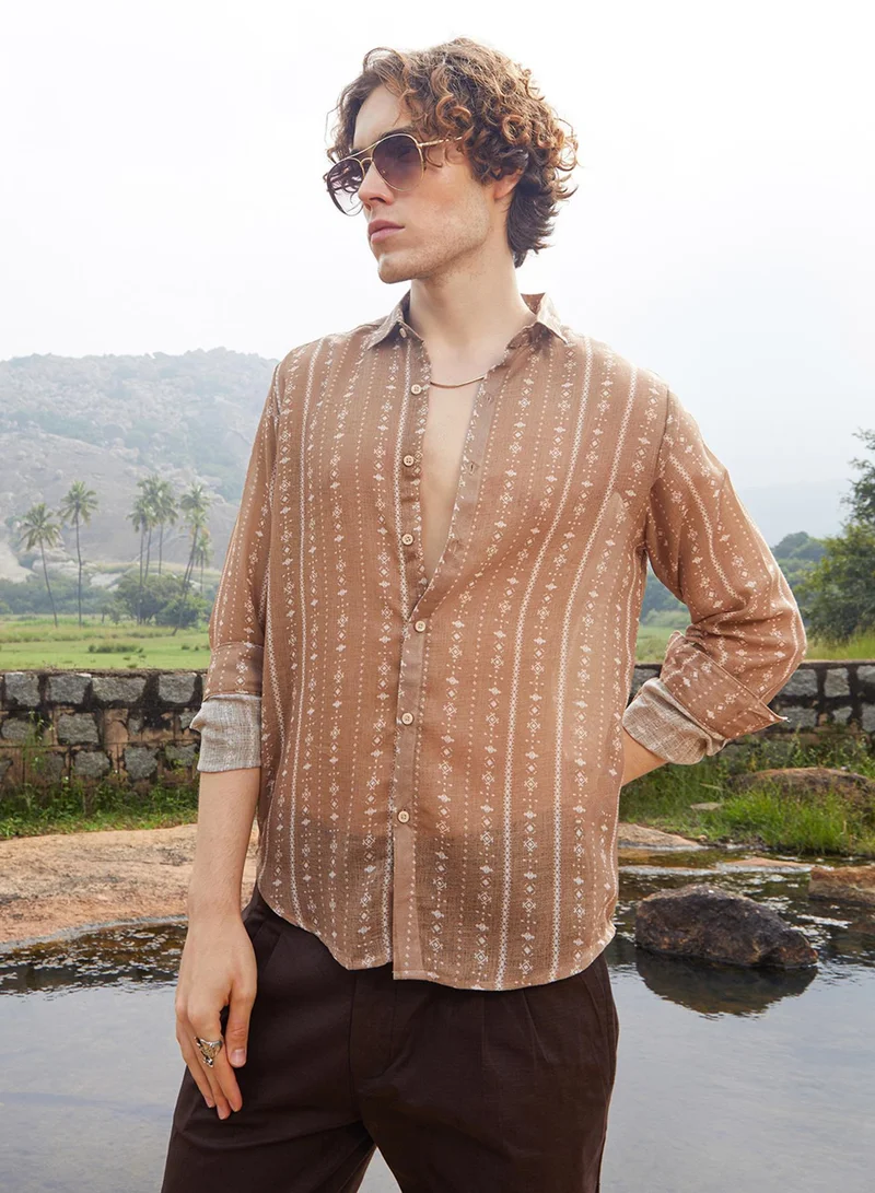 Campus Sutra Men's Camel Brown Ethnic Imprint Shirt