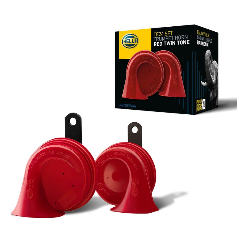 HELLA بوق ترامبيت HELLA 3FH 007 424-811 - TE16 - 12V - 110dB(A) - نطاق التردد: 400/500Hz - كهربائي - لون الهيكل: أحمر/أسود - موصل مسطح - مجموعة - الكمية: 2 - Image 1