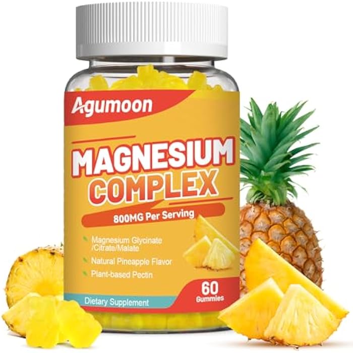 Agumoon Magnesium Complex Gummies 800mg with Zinc & Vitamins B6, B12, C, D3, 60 Pineapple Gummies, High Absorption Glycinate, Citrate, Malate, Non-GMO, Gluten-Free - Image 1