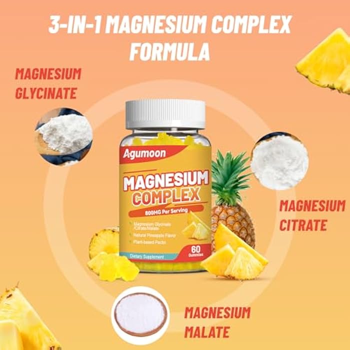 Agumoon Magnesium Complex Gummies 800mg with Zinc & Vitamins B6, B12, C, D3, 60 Pineapple Gummies, High Absorption Glycinate, Citrate, Malate, Non-GMO, Gluten-Free - Image 4