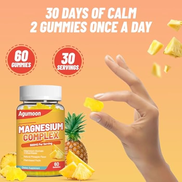 Agumoon Magnesium Complex Gummies 800mg with Zinc & Vitamins B6, B12, C, D3, 60 Pineapple Gummies, High Absorption Glycinate, Citrate, Malate, Non-GMO, Gluten-Free - Image 5