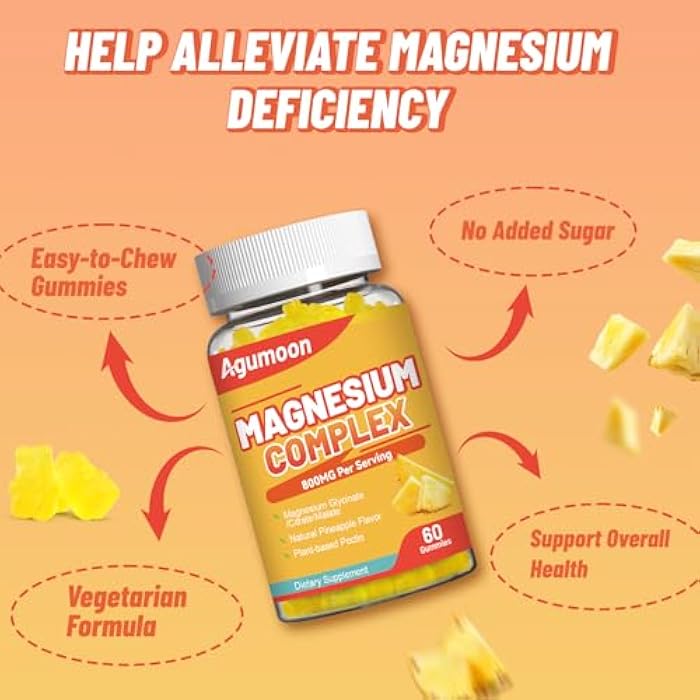 Agumoon Magnesium Complex Gummies 800mg with Zinc & Vitamins B6, B12, C, D3, 60 Pineapple Gummies, High Absorption Glycinate, Citrate, Malate, Non-GMO, Gluten-Free - Image 3