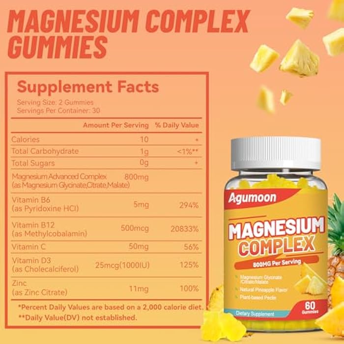 Agumoon Magnesium Complex Gummies 800mg with Zinc & Vitamins B6, B12, C, D3, 60 Pineapple Gummies, High Absorption Glycinate, Citrate, Malate, Non-GMO, Gluten-Free - Image 2