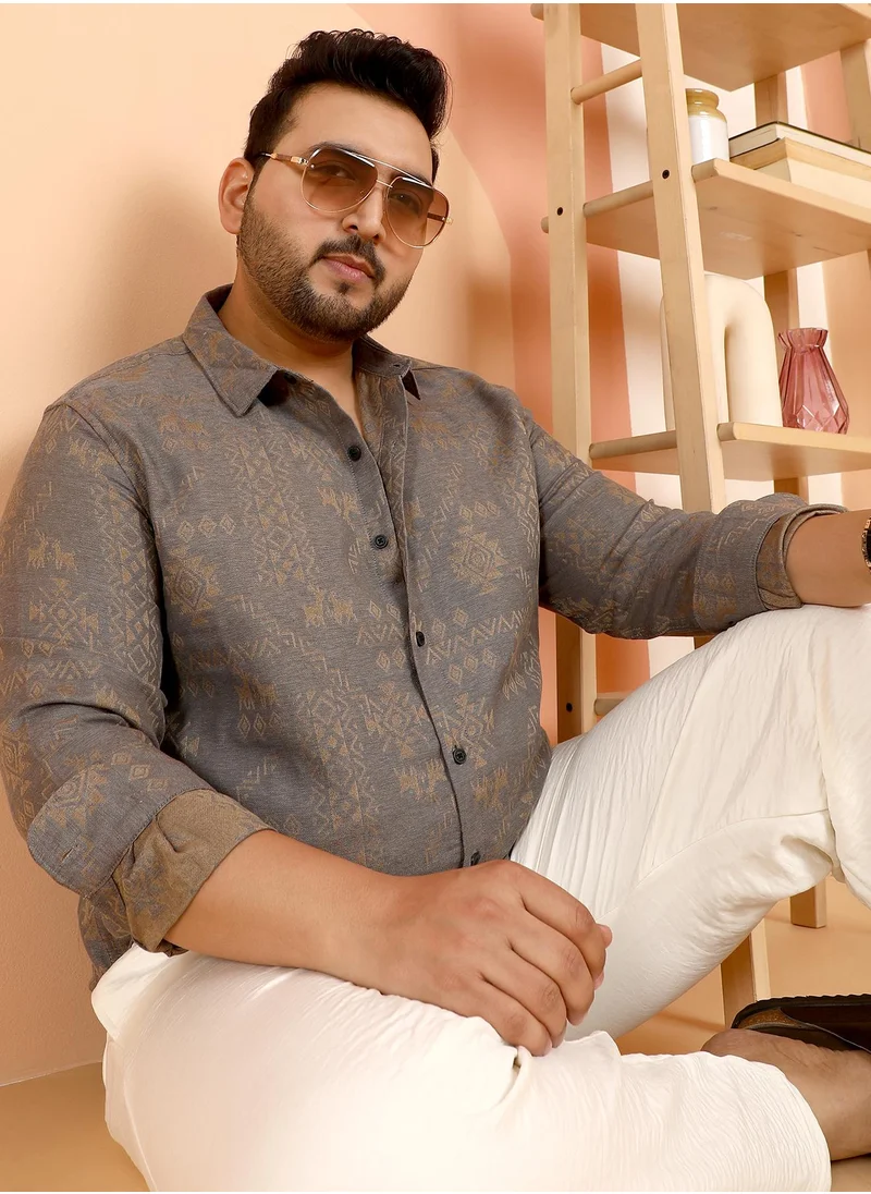 انستافاب بلس Instafab Plus Men's Moon Grey Ethnic-Motif Woven Shirt For Casual Wear | Spread Collar | Long Cuffed Sleeves | Button Closure | Plus Size Shirt Crafted With Comfort Fit For Everyday Wear
