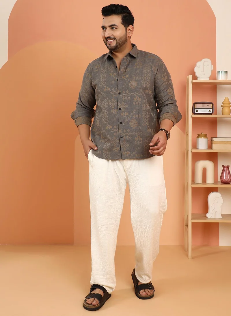 Instafab Plus Instafab Plus Men's Moon Grey Ethnic-Motif Woven Shirt For Casual Wear | Spread Collar | Long Cuffed Sleeves | Button Closure | Plus Size Shirt Crafted With Comfort Fit For Everyday Wear