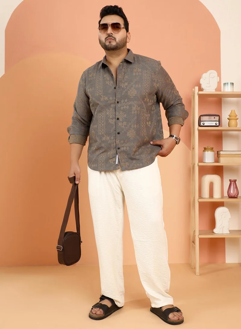 Instafab Plus Instafab Plus Men's Moon Grey Ethnic-Motif Woven Shirt For Casual Wear | Spread Collar | Long Cuffed Sleeves | Button Closure | Plus Size Shirt Crafted With Comfort Fit For Everyday Wear
