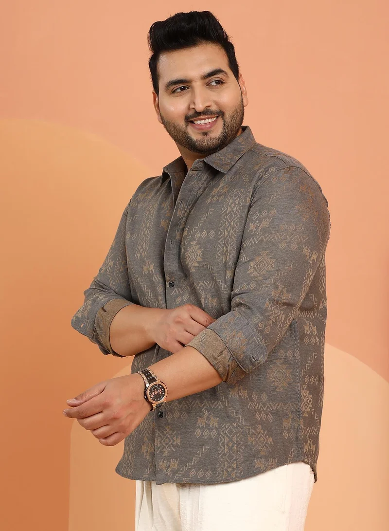 Instafab Plus Instafab Plus Men's Moon Grey Ethnic-Motif Woven Shirt For Casual Wear | Spread Collar | Long Cuffed Sleeves | Button Closure | Plus Size Shirt Crafted With Comfort Fit For Everyday Wear