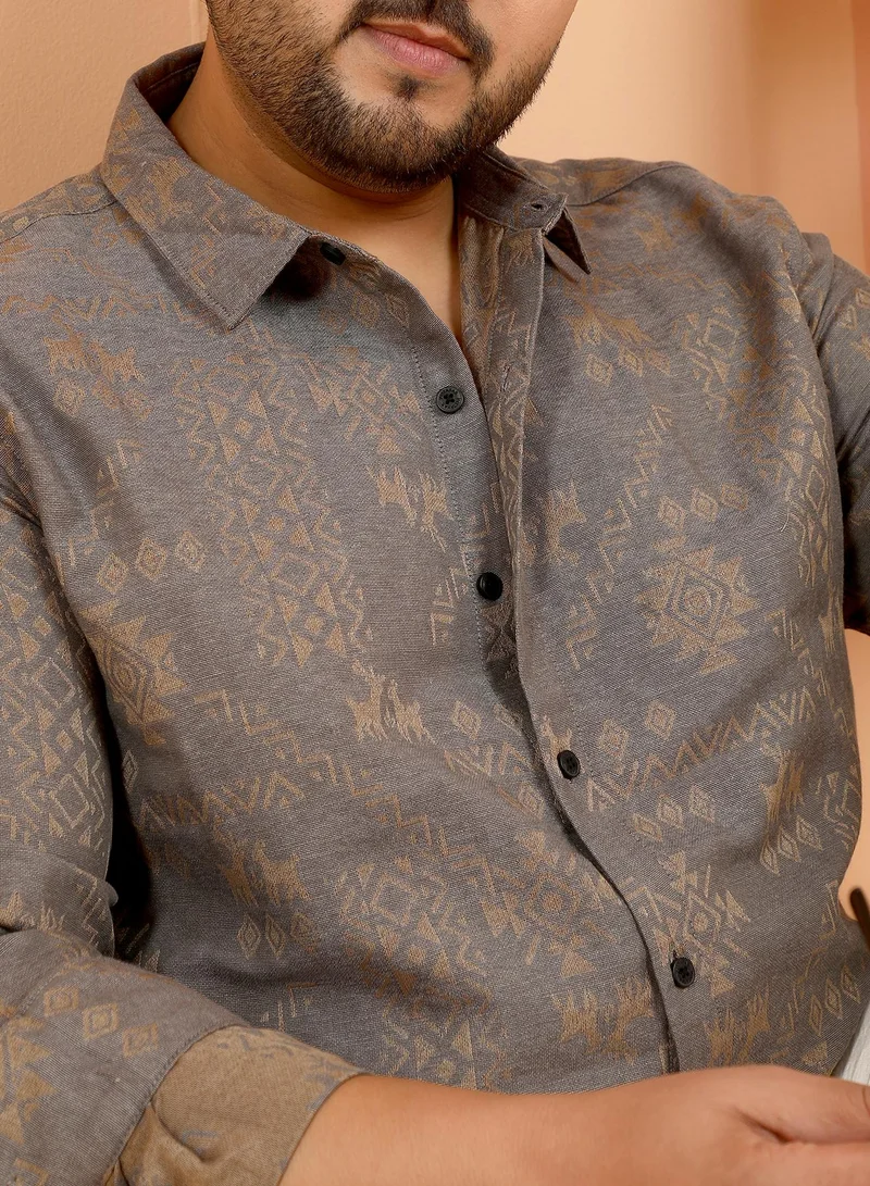 Instafab Plus Instafab Plus Men's Moon Grey Ethnic-Motif Woven Shirt For Casual Wear | Spread Collar | Long Cuffed Sleeves | Button Closure | Plus Size Shirt Crafted With Comfort Fit For Everyday Wear