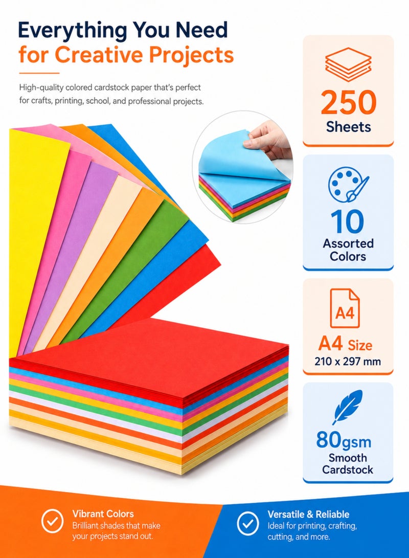 MOMENT A4 Colored Paper 80 GSM, 250 Sheets, 10 Assorted Colors, Multicolor Craft & Printer Paper for School, Arts, DIY & Home Decoration - Image 2
