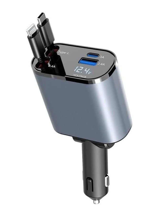 منزل منظم شاحن سيارة سريع الشحن 4 في 1 قابل للسحب مع كابلات Lightning وType C قابلة للطي ومنفذي USB مزدوجين وشاشة عرض الجهد | متوافق مع iPhone وiPad وGalaxy - أقصى خرج للطاقة 66 وات - Image 1