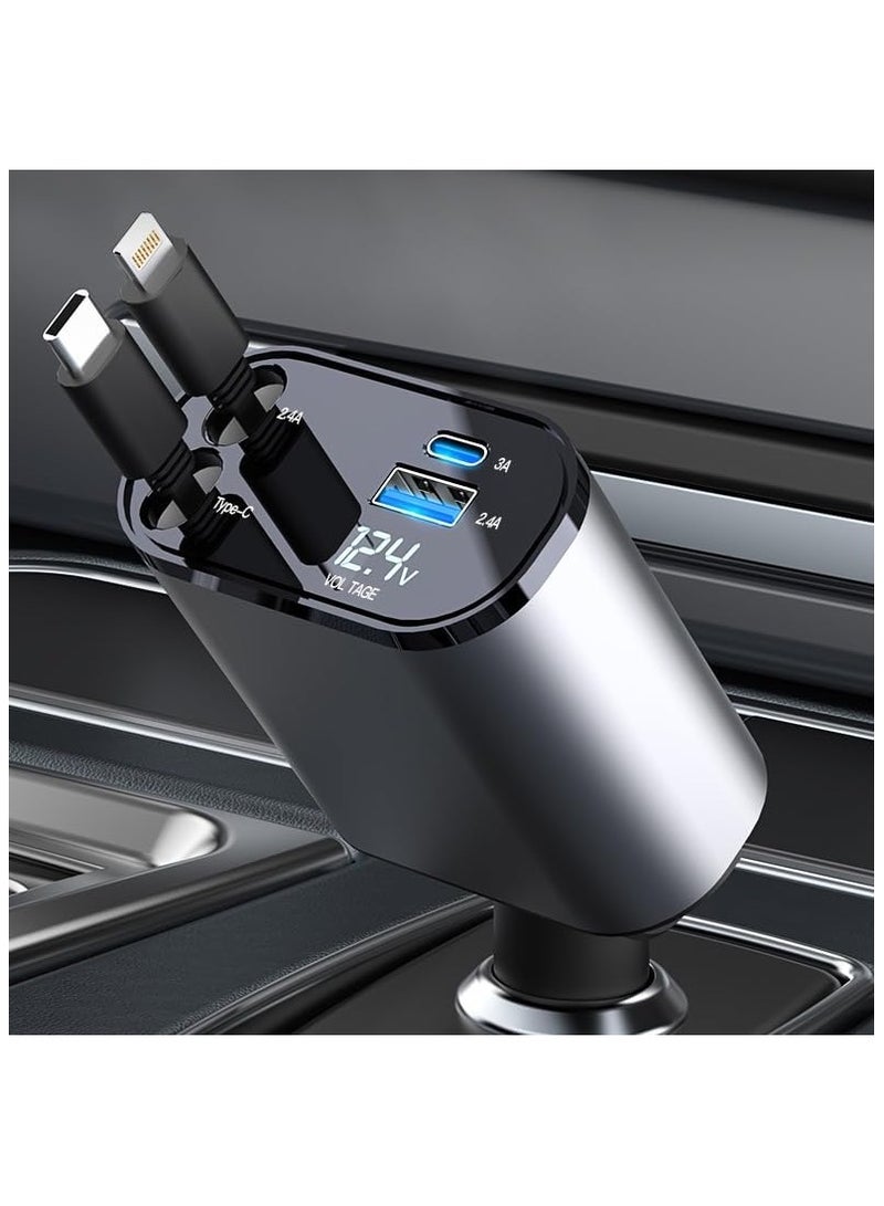 منزل منظم شاحن سيارة سريع الشحن 4 في 1 قابل للسحب مع كابلات Lightning وType C قابلة للطي ومنفذي USB مزدوجين وشاشة عرض الجهد | متوافق مع iPhone وiPad وGalaxy - أقصى خرج للطاقة 66 وات - Image 2