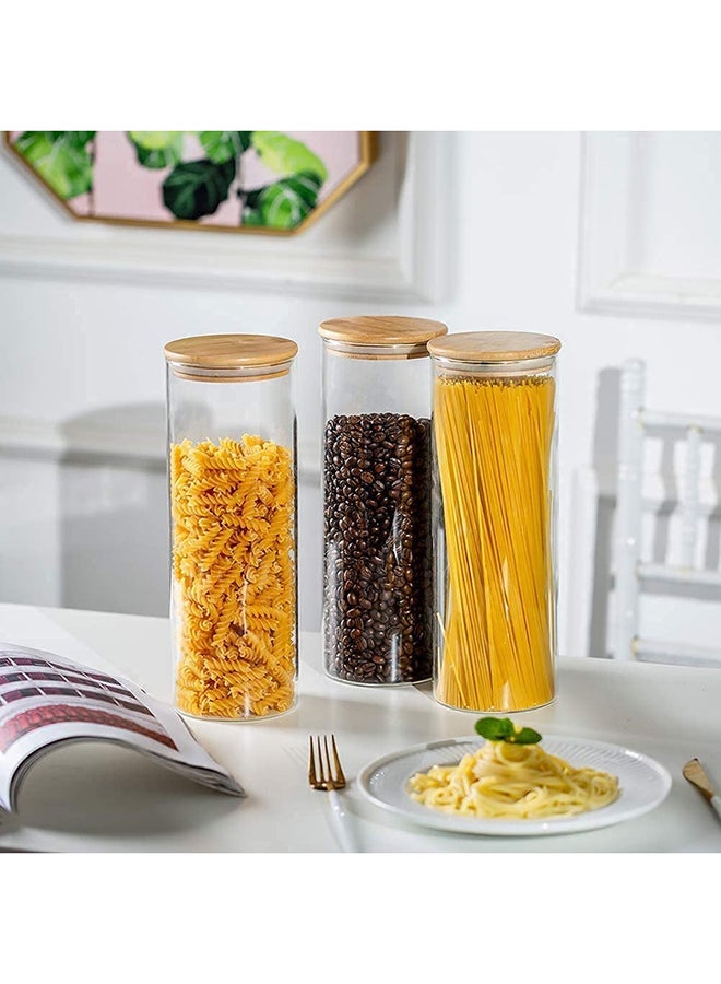 AKDC Set Of 3 Round Glass Jar With Bamboo Lid 2000Ml, Kitchen Food Storage Containers Airtight Lids Cereals Canisters Jars For Pasta Spaghetti Tea Coffee Beans Candy Cookies Snacks - Image 2