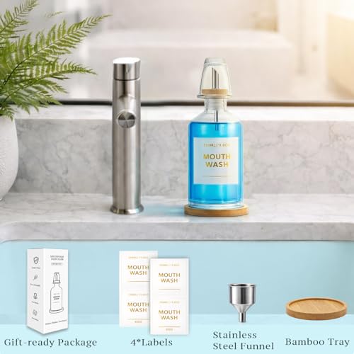 Gelury Glass Mouthwash Dispenser Set with Cup & Bamboo Tray, 350ml/11.8oz Refillable Mouth Wash Bottle for Bathroom Countertop, Stainless Steel Pour Spout & Funnel, Modern Vanity Organizer (Clear) - Image 4