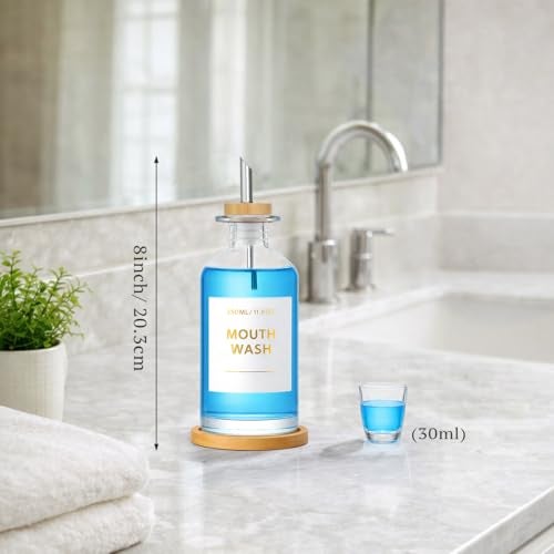 Gelury Glass Mouthwash Dispenser Set with Cup & Bamboo Tray, 350ml/11.8oz Refillable Mouth Wash Bottle for Bathroom Countertop, Stainless Steel Pour Spout & Funnel, Modern Vanity Organizer (Clear) - Image 5