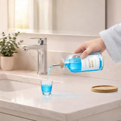 Gelury Glass Mouthwash Dispenser Set with Cup & Bamboo Tray, 350ml/11.8oz Refillable Mouth Wash Bottle for Bathroom Countertop, Stainless Steel Pour Spout & Funnel, Modern Vanity Organizer (Clear) - Image 3