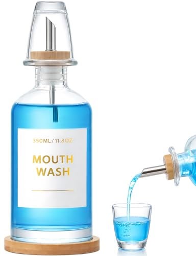 Gelury Glass Mouthwash Dispenser Set with Cup & Bamboo Tray, 350ml/11.8oz Refillable Mouth Wash Bottle for Bathroom Countertop, Stainless Steel Pour Spout & Funnel, Modern Vanity Organizer (Clear) - Image 1