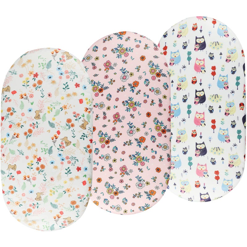 Bassinet Sheets Set 3 Pack for Baby Girl Stretchy Soft Jersey Knitted Fitted Sheet Universal for Oval Rectangle and Hourglass Bassinet Mattress Flower Rabbit and Owl Printing