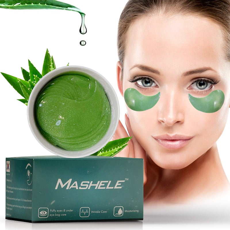 MASHELE لصقات هلام الألوة فيرا الكورية تحت العين 60 قطعة، علاج للعيون المنتفخة، الهالات السوداء، وسادات مضادة للتجاعيد، مرطبة للنساء والرجال (60 قطعة من لصقات الألوة فيرا) - Image 1