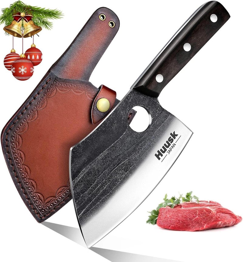 Huusk Serbian Chef Knife with Full Tang Handle Forged Butcher Knives for Meat Cutting Meat Cleaver Knife with Sheath for Kitchen Hunting or Camping Christmas Gift for Men and Women - Image 1
