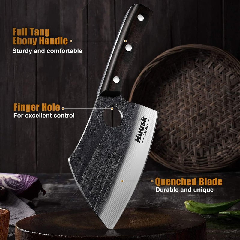 Huusk Serbian Chef Knife with Full Tang Handle Forged Butcher Knives for Meat Cutting Meat Cleaver Knife with Sheath for Kitchen Hunting or Camping Christmas Gift for Men and Women - Image 4