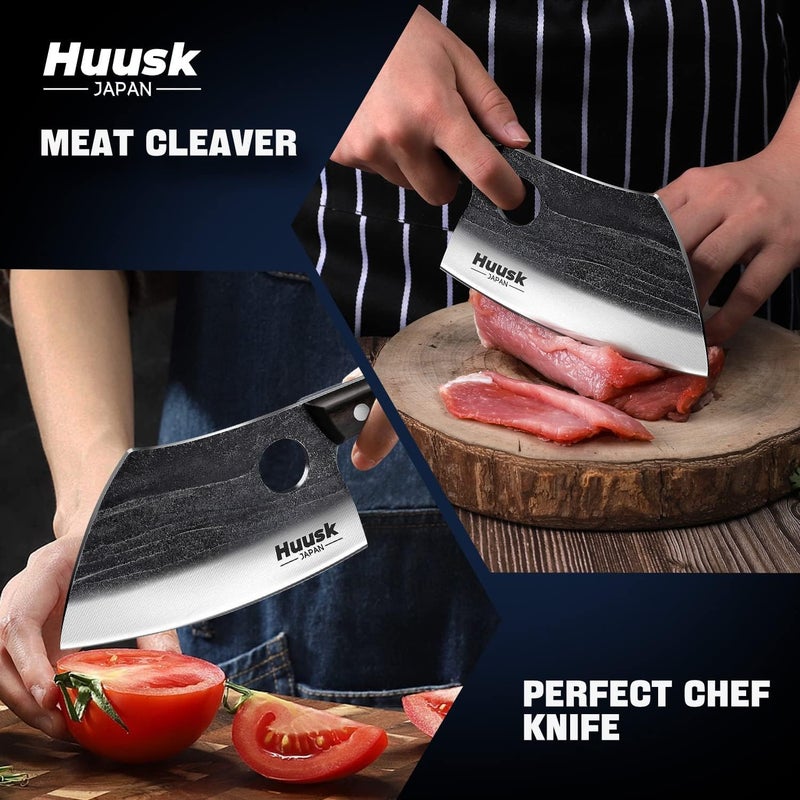 Huusk Serbian Chef Knife with Full Tang Handle Forged Butcher Knives for Meat Cutting Meat Cleaver Knife with Sheath for Kitchen Hunting or Camping Christmas Gift for Men and Women - Image 5