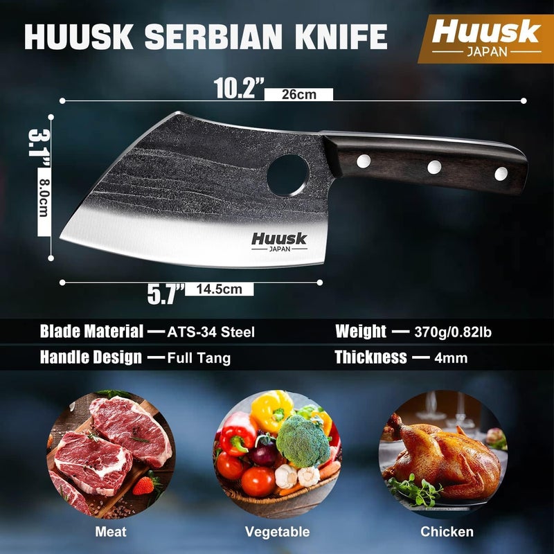 Huusk Serbian Chef Knife with Full Tang Handle Forged Butcher Knives for Meat Cutting Meat Cleaver Knife with Sheath for Kitchen Hunting or Camping Christmas Gift for Men and Women - Image 2