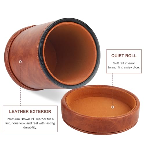 RERIVER Brown PU Leather Dice Cup with Lid Velvet Interior Quiet Dice Shaker Cup with 6 Dice for Liars DiceFarkleYahtzee Games 1 Pack - Image 5