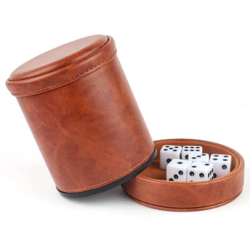 RERIVER Brown PU Leather Dice Cup with Lid Velvet Interior Quiet Dice Shaker Cup with 6 Dice for Liars DiceFarkleYahtzee Games 1 Pack - Image 3