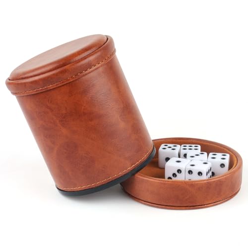 RERIVER Brown PU Leather Dice Cup with Lid Velvet Interior Quiet Dice Shaker Cup with 6 Dice for Liars DiceFarkleYahtzee Games 1 Pack - Image 1
