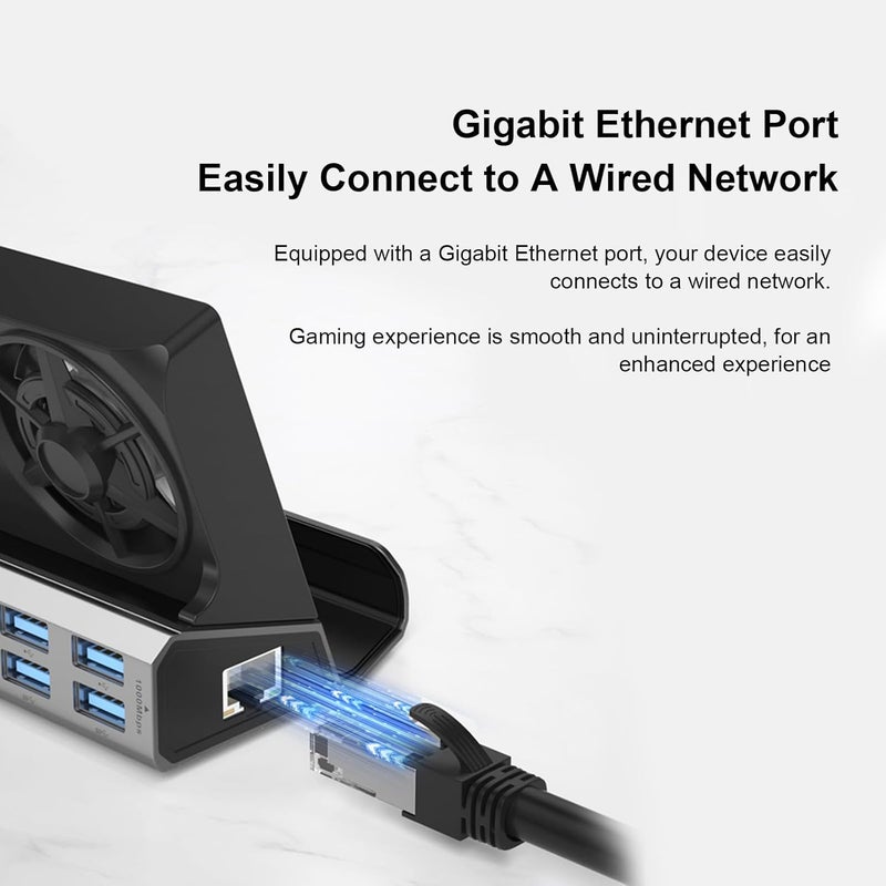 Yunseity 9 in 1 USB C Hub Dual Fan Gaming Hub with 4K 100W PD 3 x USB 3.0 x 2.0 RJ45 for Laptops - Image 4