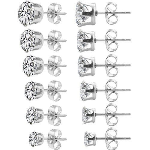 HOVEOX 6 Pairs Alloy Womens Stud Earrings Round Clear Cubic Zirconia Inlaid Simulated Diamond Rhinestone Hypoallergenic Pierced Jewelry CZ Studs 0.1 inch-0.3 inch for Unisex Teens and Women, Silver - Image 1