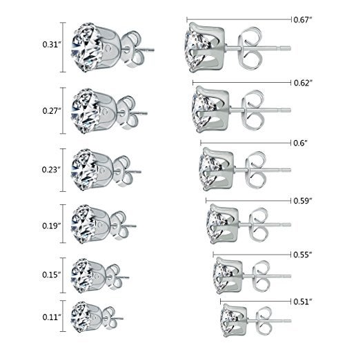 HOVEOX 6 Pairs Alloy Womens Stud Earrings Round Clear Cubic Zirconia Inlaid Simulated Diamond Rhinestone Hypoallergenic Pierced Jewelry CZ Studs 0.1 inch-0.3 inch for Unisex Teens and Women, Silver - Image 2