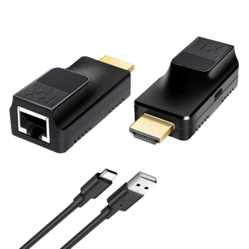 موسع HDMI عبر إيثرنت 60 متر/196 قدم، 1080P@60 هرتز ثلاثي الأبعاد، مجموعة محول RJ45 إلى HDMI مع جهاز استقبال إرسال، يدعم كابل CAT5e/CAT6/CAT7، أسود - Image 1