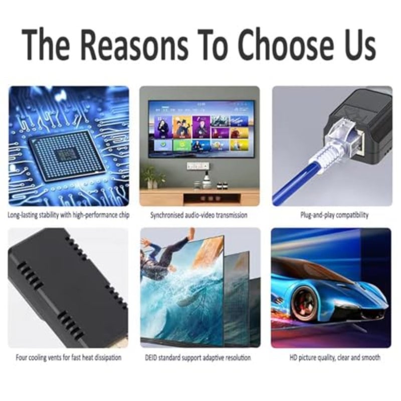 موسع HDMI عبر إيثرنت 60 متر/196 قدم، 1080P@60 هرتز ثلاثي الأبعاد، مجموعة محول RJ45 إلى HDMI مع جهاز استقبال إرسال، يدعم كابل CAT5e/CAT6/CAT7، أسود - Image 4