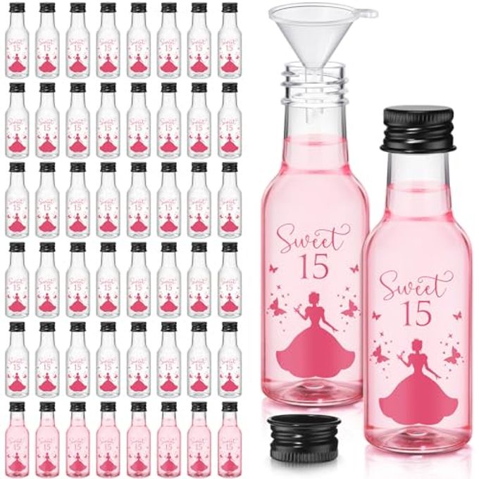 Jingmore 50 Pcs Quinceanera Mini Liquor Bottle Mis Quince Anos 1.7oz Empty Plastic Shot Bottle with Black Screw Cap 1 Funnel Sweet 15 Year Birthday Gift for Guest Recuerdos De Quinceaera Favor(Pink)