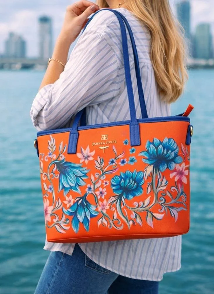 Janara Jones  Azure Flowers Orange Tote Bag for Women | Best Price UAE