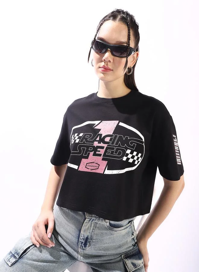 Women's Black 100% Cotton Printed Boxy Fit T-Shirt