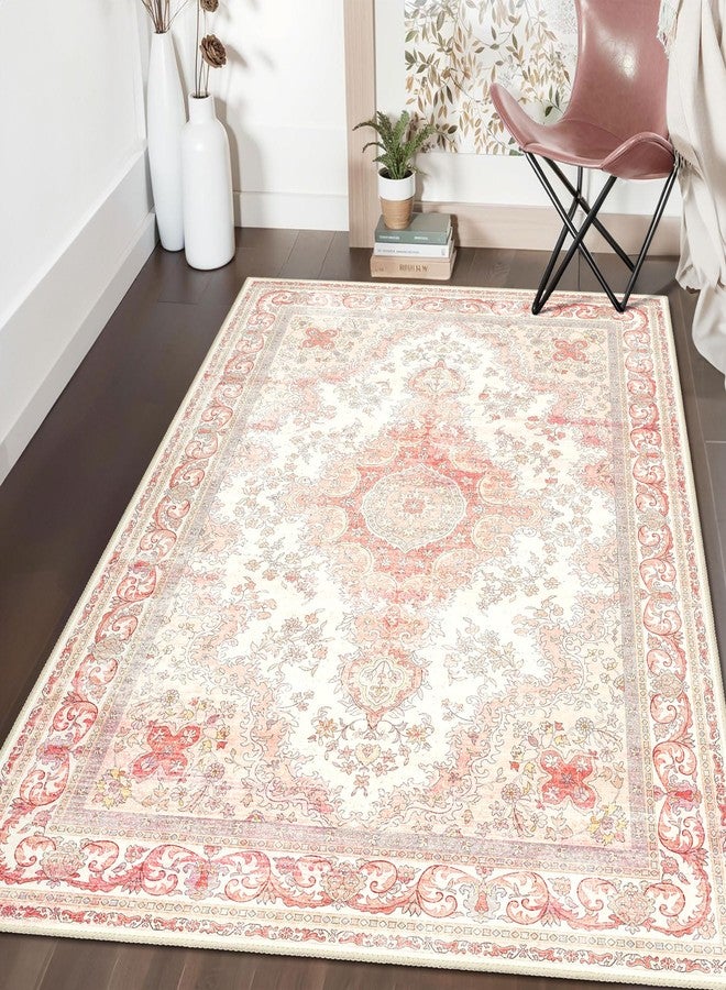 Castage Pink Rug 3'x5',Washable Area Rugs for Bedroom Living Room Kitchen Entryway Bedside,Small Boho Vintage Bohemian Distressed Oriental Non Slip Carpet,Blush Floral - Image 2