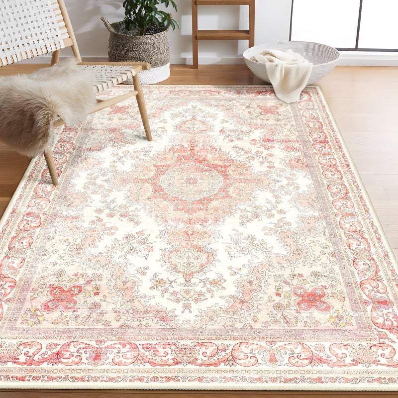 Castage Pink Rug 3'x5',Washable Area Rugs for Bedroom Living Room Kitchen Entryway Bedside,Small Boho Vintage Bohemian Distressed Oriental Non Slip Carpet,Blush Floral - Image 1