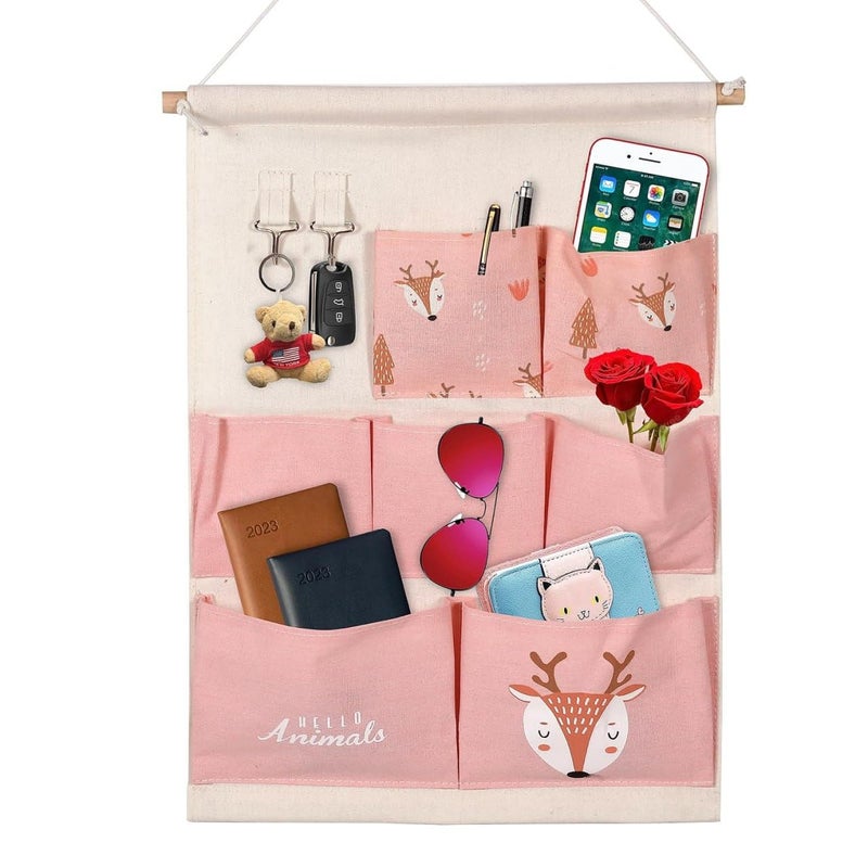 Cozron Cozron 7 Pocket Door Hanging Bag 7 Pocket Hanging Organizer Cotton Linen Wall Door Storage Bag with HooksWall Hanging Storage MultiLayer 35 x 50 cm Multi Design - Image 1