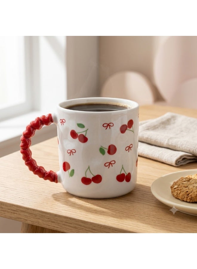 White Ceramic Coffee and Tea Mug with Cherry and Red Ribbon Pattern and Red Bubble Beaded Handle - Single Piece Mug for Home and Office - Image 3
