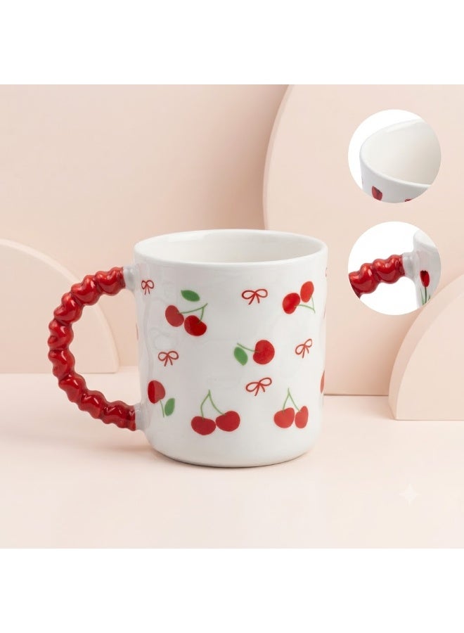 White Ceramic Coffee and Tea Mug with Cherry and Red Ribbon Pattern and Red Bubble Beaded Handle - Single Piece Mug for Home and Office - Image 2