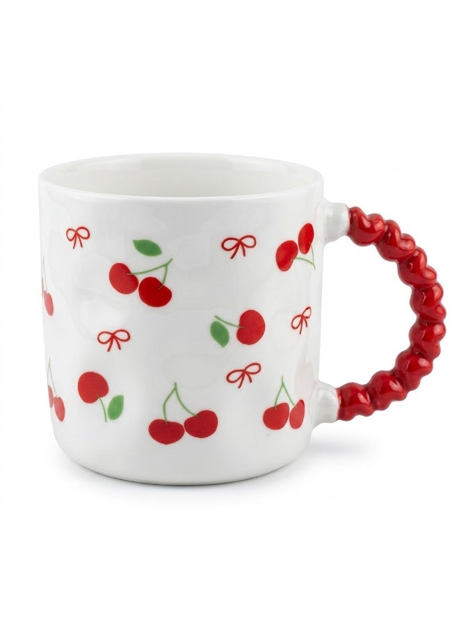 White Ceramic Coffee and Tea Mug with Cherry and Red Ribbon Pattern and Red Bubble Beaded Handle - Single Piece Mug for Home and Office - Image 1